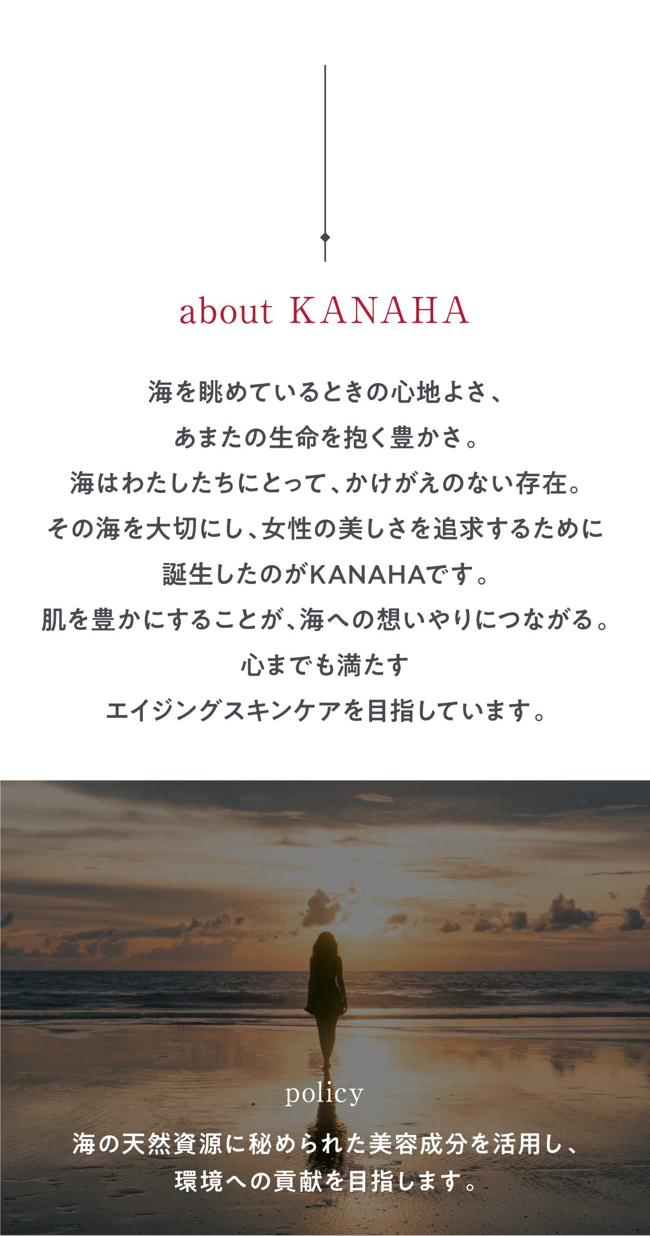 about KANAHA 海を眺めているときの⼼地よさ、あまたの⽣命を抱く豊かさ。海はわたしたちにとって、かけがえのない存在。その海を⼤切にし、⼥性の美しさを追求するために誕⽣したのがKANAHAです。肌を豊かにすることが、海への想いやりにつながる。⼼までも満たすエイジングスキンケアを⽬指しています。 policy 海の天然資源に秘められた美容成分を活⽤し、環境への貢献を⽬指します。